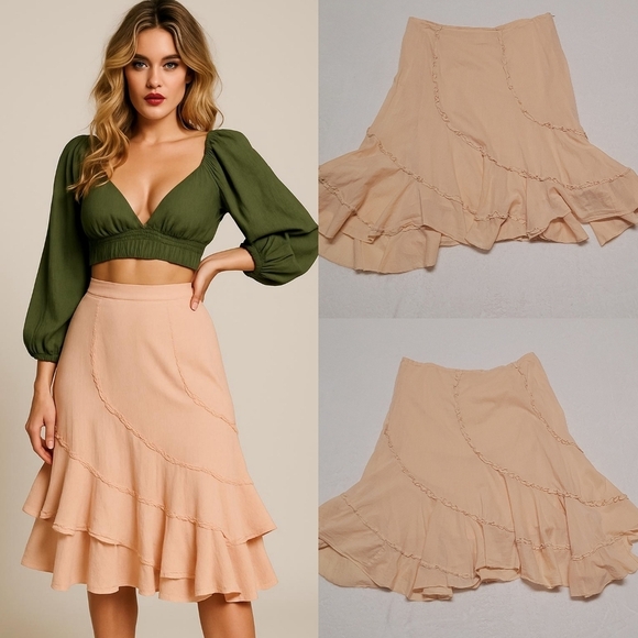 Charlotte Russe Dresses & Skirts - Charlotte Russe Vintage Cream Tiered Asymmetric Ruffle High Waisted Midi Skirt L